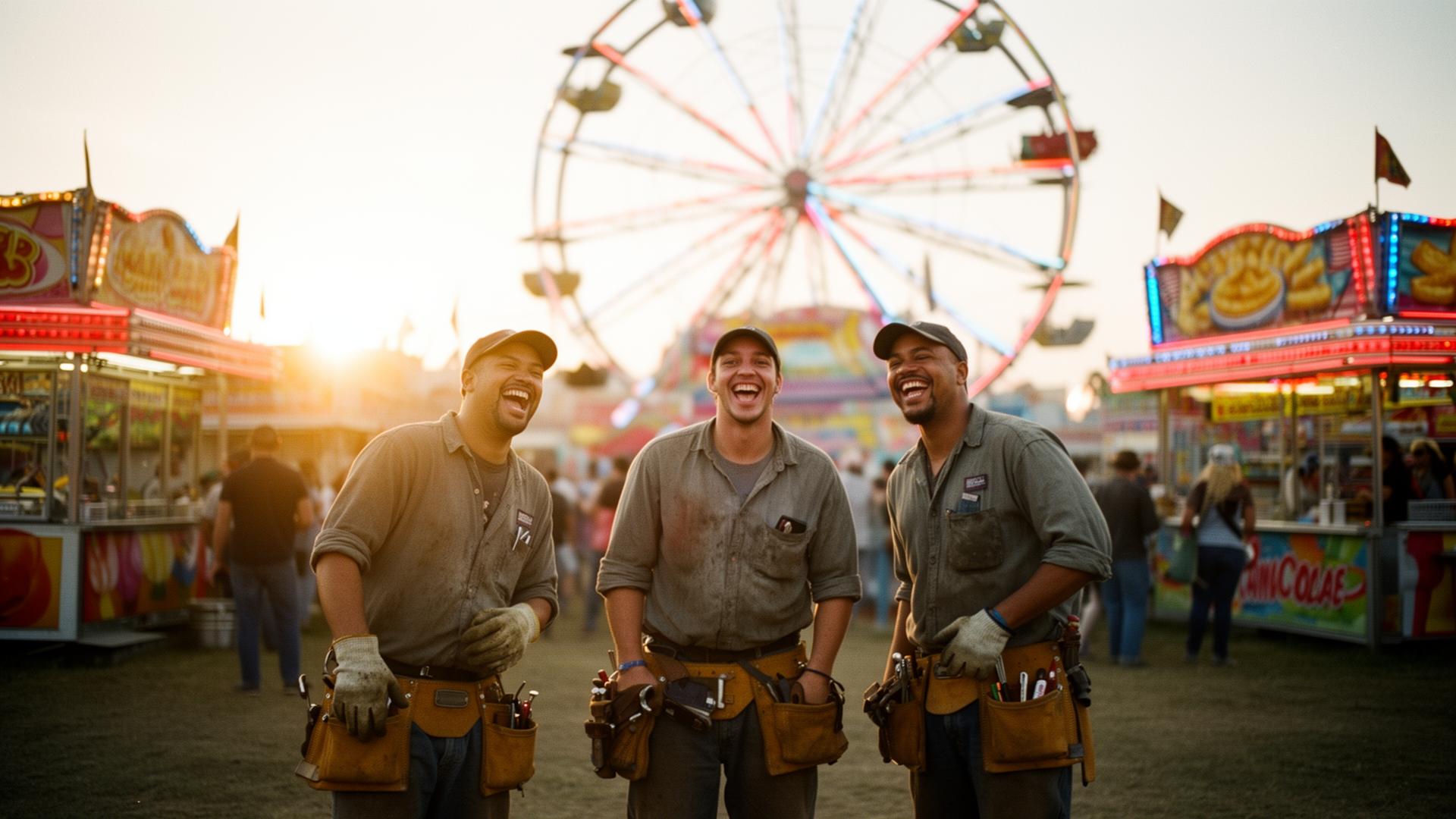 Carnival workers laughing together at sunset in front of a Ferris wheel